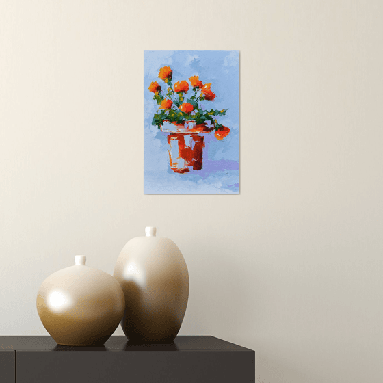 Abstract still life painting. Original Oil painting with flowers in vase