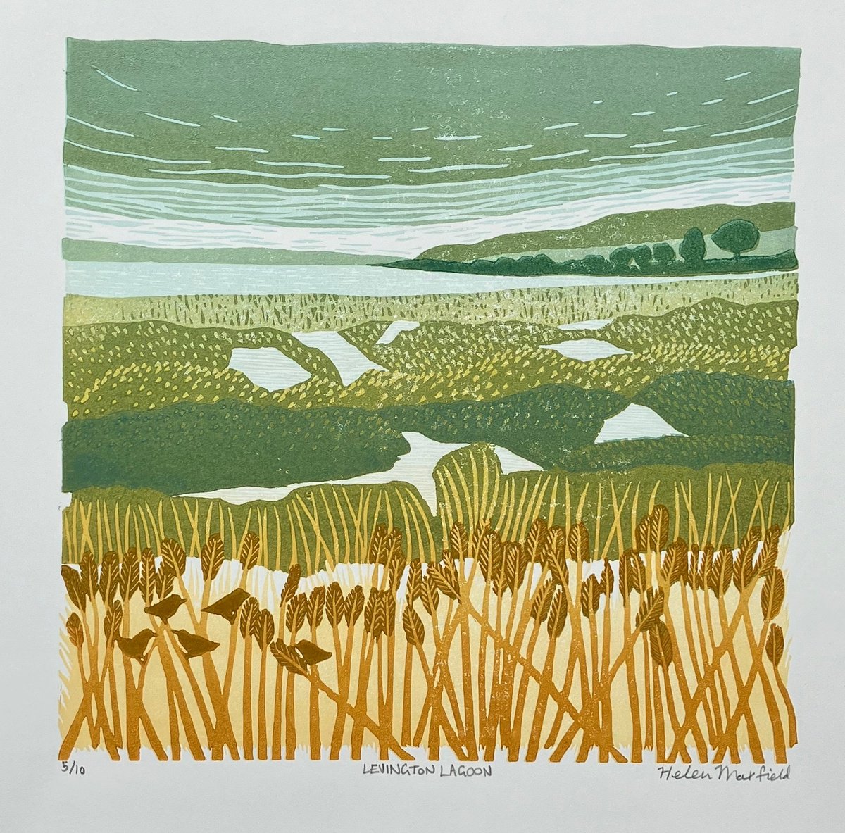 Impressionistic Landscape Linocut By Helen Maxfield, 10 X 10, Levington Lagoon, Original Artwork