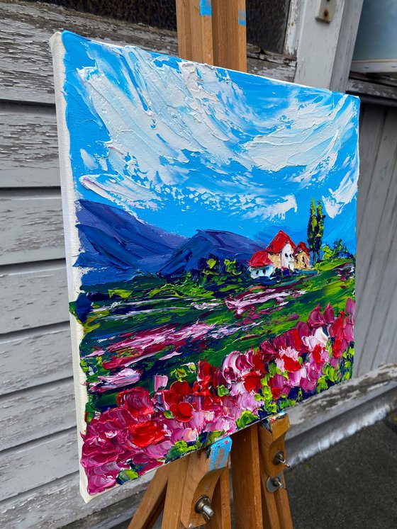 The small house in the valley among the flowers. Impasto painting