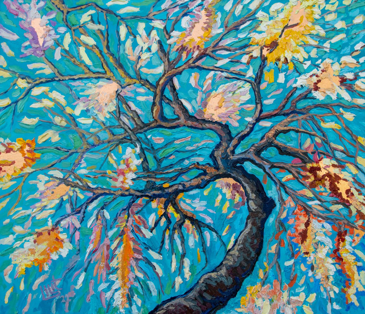Impressionistic Landscape Oil Painting By Lilit Vardanyan, 31 X 28", A Blossom Tree, Original Artwork