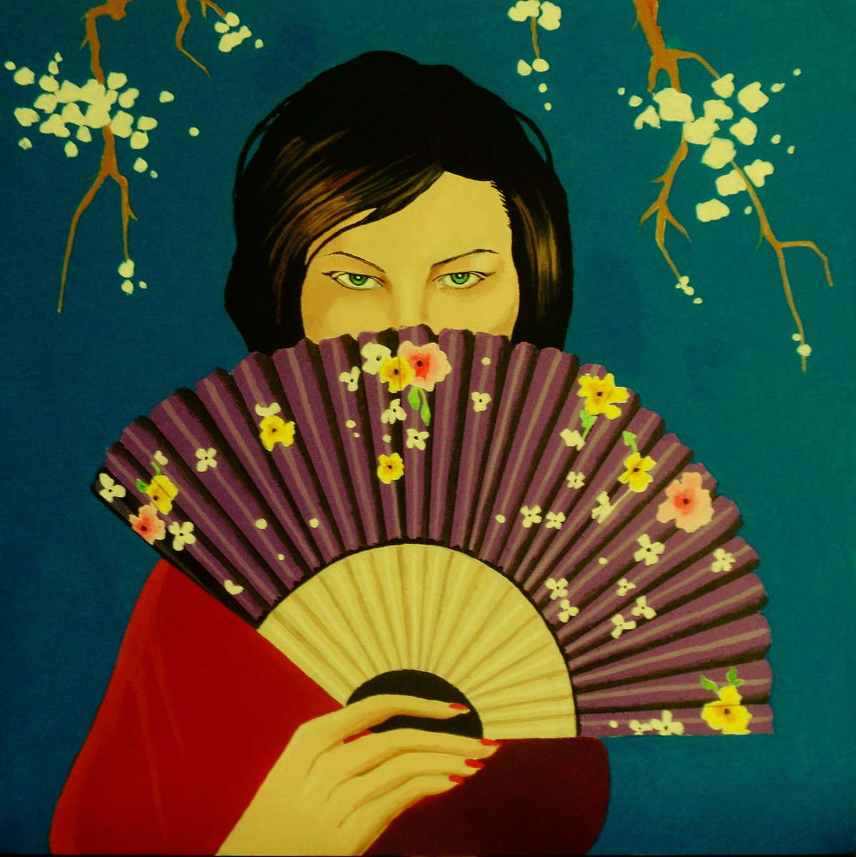 Expressive Portrait Acrylic Painting By Andrew Sabori, 20 X 20, Behind The Fan, Original Artwork