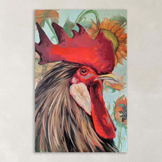 Rooster in sunflowers