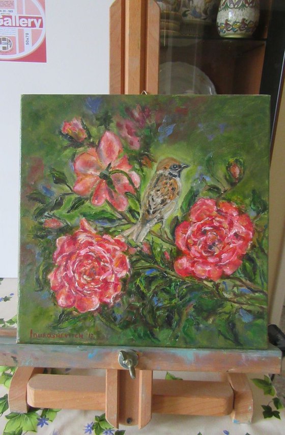 Birds' stories Roses Oil Artwork Sparrows in a Bush Love Bridal Child Gift Hand Painted Magic Forest Illustration