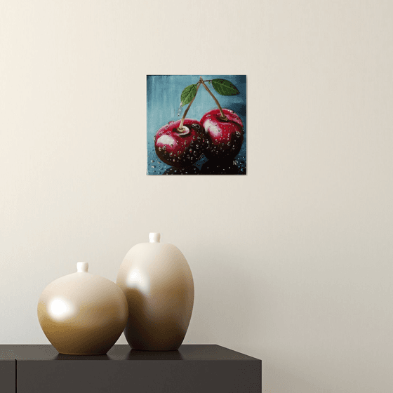 cherries twins. original still life oil painting, gift ide art for home