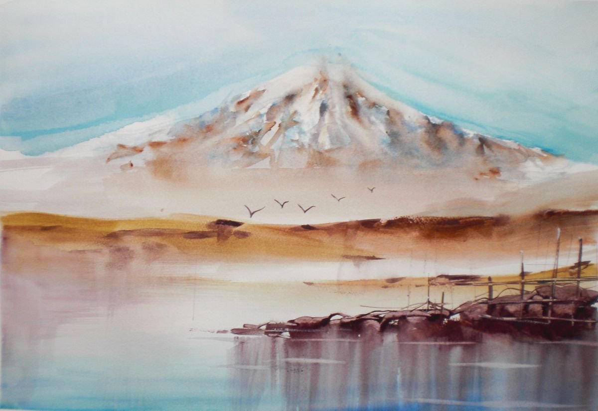 Expressive Landscape Watercolour By Giorgio Gosti, 19 X 13, Mountain Lake, Original Artwork
