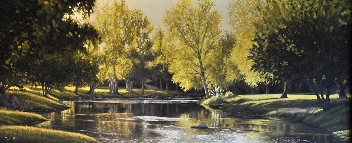 Photorealistic Landscape Oil Painting By Yamil Picco, 47 X 20", "Ri?o Panaholma", Original Artwork
