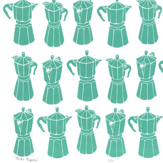 Moka Express Coffeemaker Print in Sea Green A2 Size - Unframed - FREE Worldwide Delivery