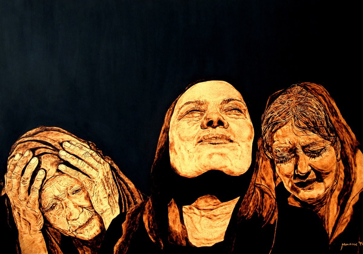 Expressive Portrait Painting By Milis Pyrography, 28 X 20", Women Of Faith, Original Artwork