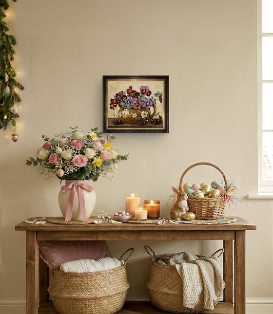 Pansies in Rustic Jug with Cherries