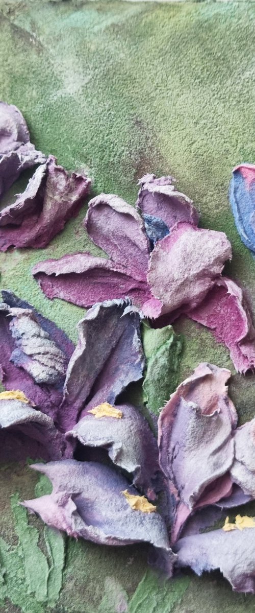 Miniature purple irises. A small floral botanical relief. 3d painting of spring flowers with ceramic petals. by Irina Stepanova