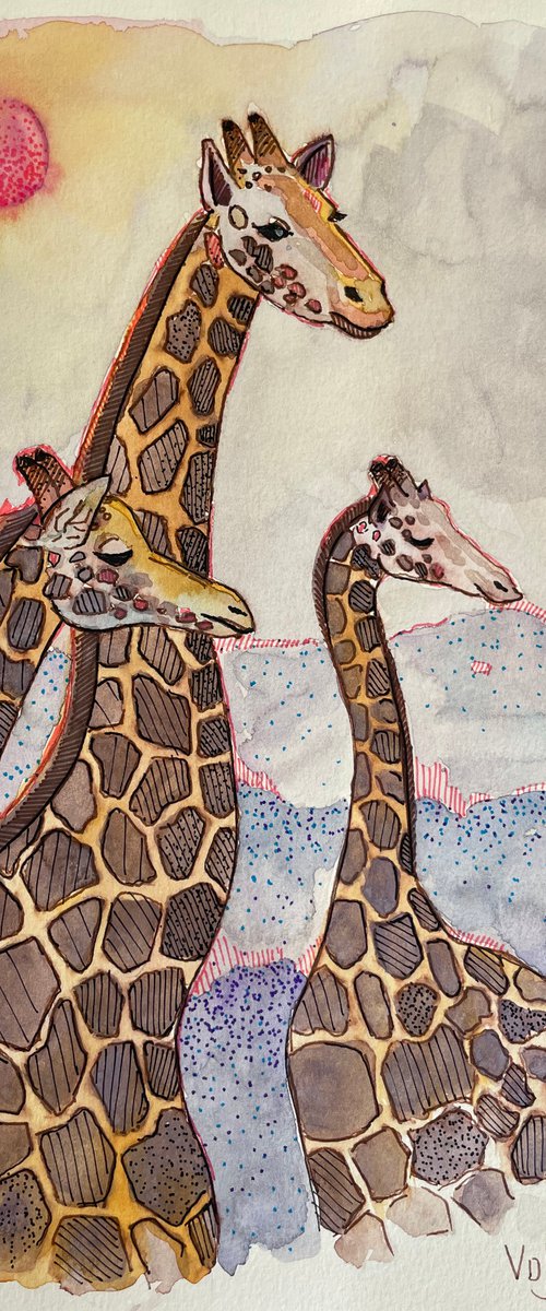 Giraffe family by Mary Voloshyna