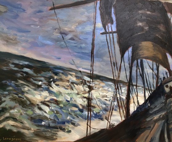 Tall ship riding the swell, an oil painting.