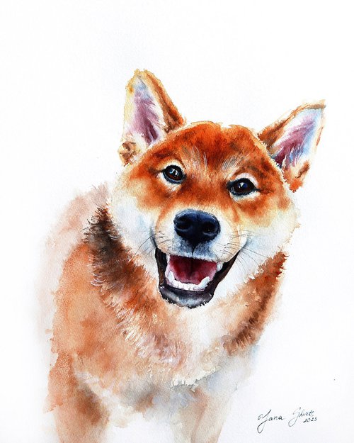 Shiba Inu Puppy - Original Dog Portrait in Watercolor by Yana Shvets