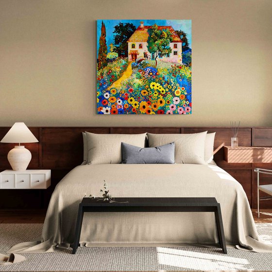 Sunny day with cozy house in colorful garden. Bright impressionistic fairytale floral landscape fantasy flowers. Hanging large positive relax naive fine art for home decor, inspiration by Matisse and Klimt