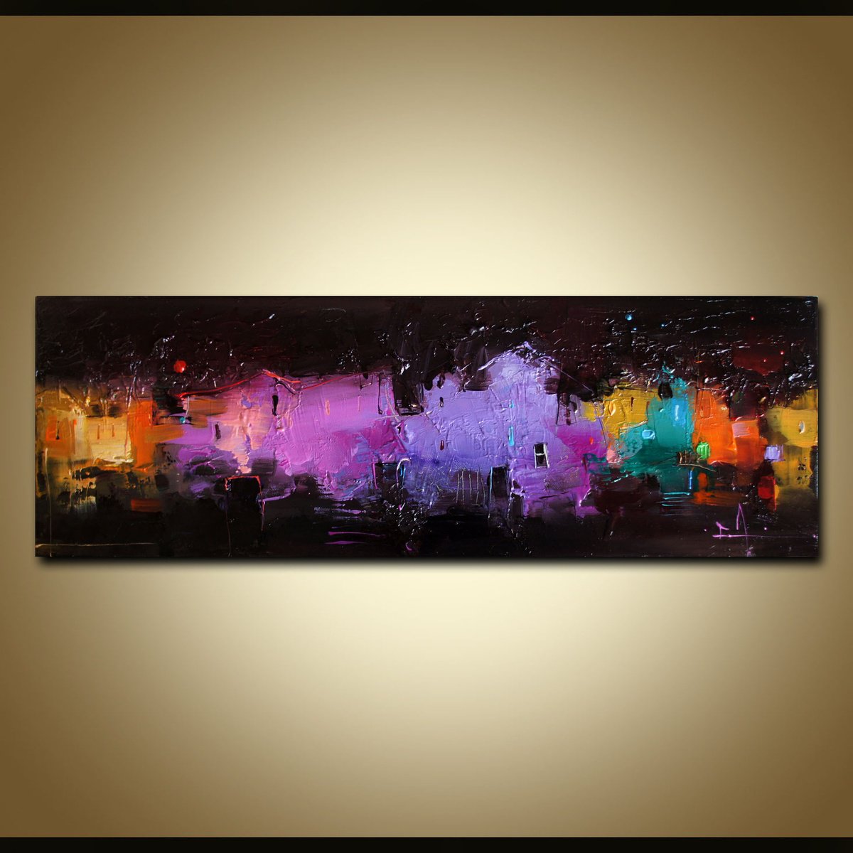 Abstract Cityscapes Oil Painting By Stanislav Lazarov, 24 X 8", Magical Dialogues, Original Artwork