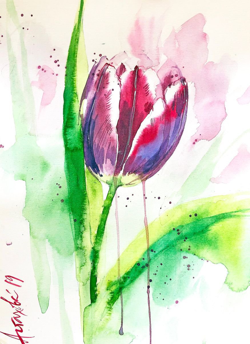 Impressionistic Botanical Watercolour By Ksenia Astakhova, 9 X 13", Pink Tulip, Original Artwork