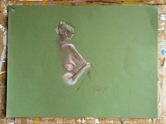 Georgie - female nude - side view - green background