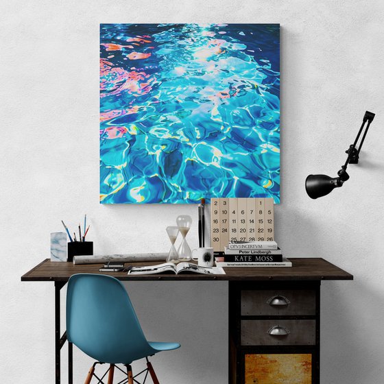 Sea ocean blue color waves with bright sun glares water reflections. Impressionistic artwork. Large wall art home decor. Art Gift