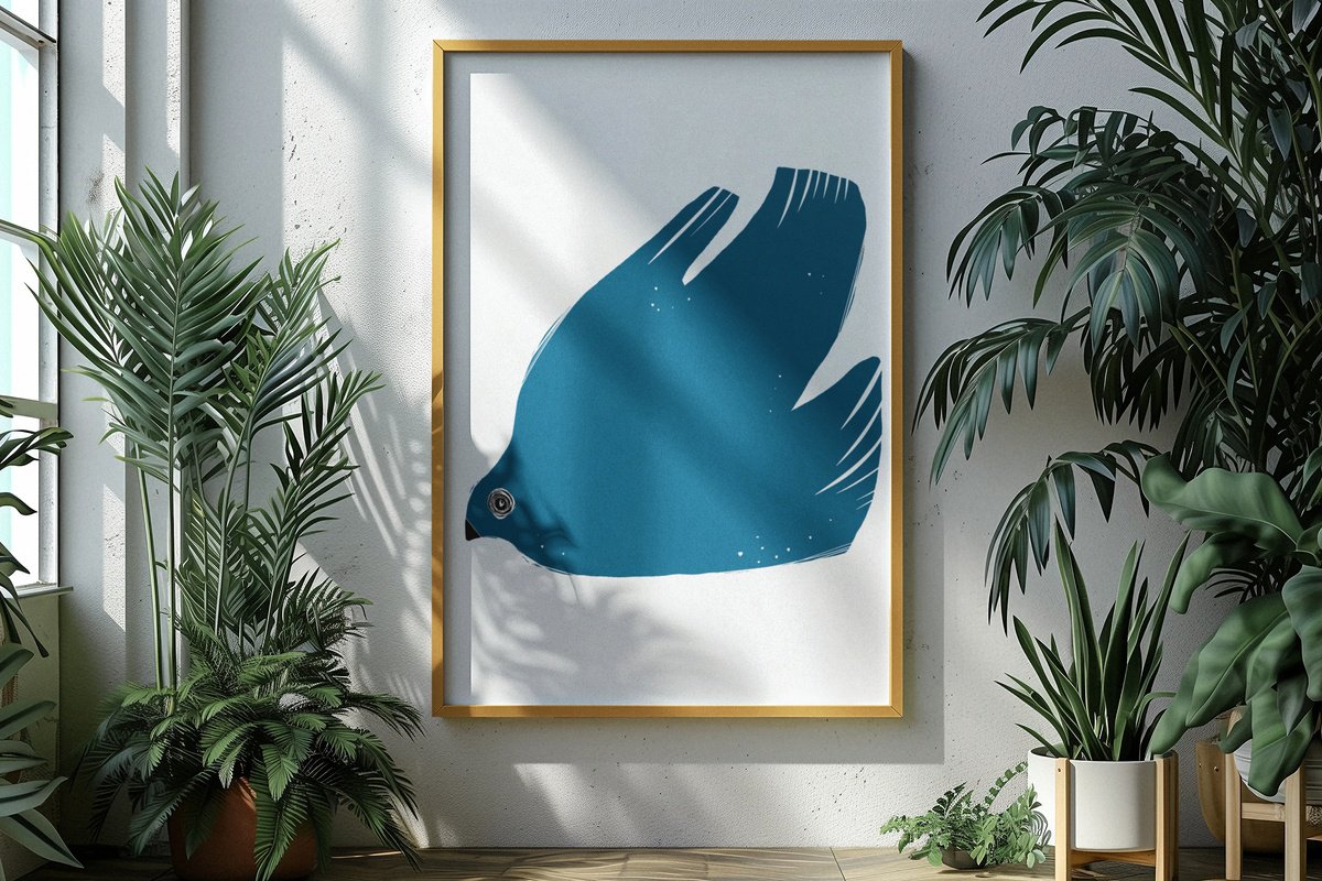 Animal Giclee Print By Emma Evans-Freke, 20 X 20, Bird In Sea Blue, Original Artwork