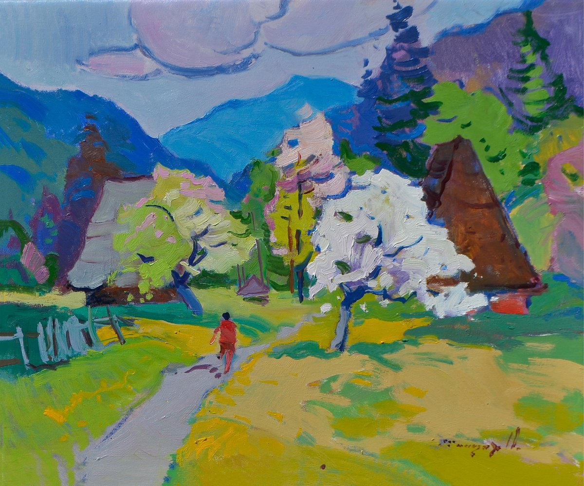 Impressionistic Landscape Oil Painting By Alexander Shandor, 24 X 20, Bloom Above The House, Original Artwork