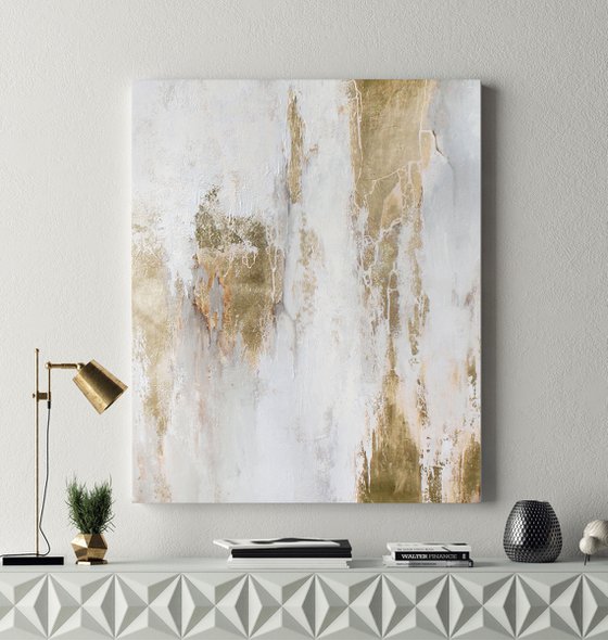 "Cascade 7" Gold white abstract painting art