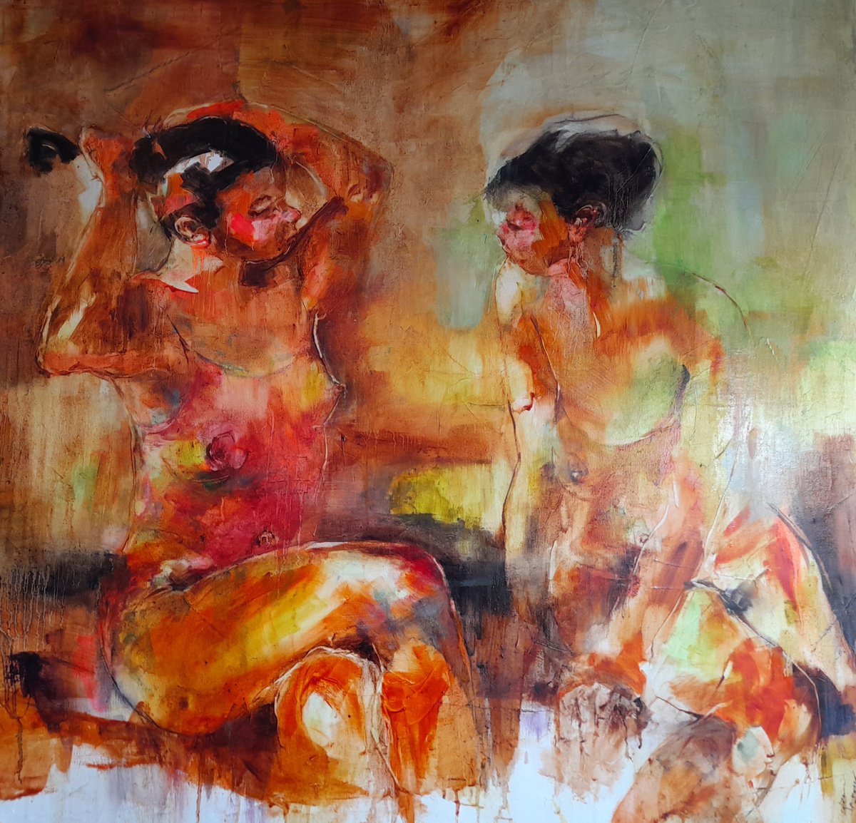 Portrait Oil Painting By Sylvaine Catoire, 33 X 33", Bla,Bla,Bla 2, Original Artwork