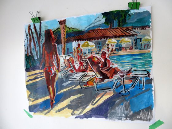Swimming Pool scene with figure walking