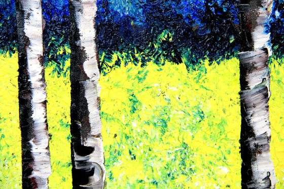 Yellow-and-Orange-Daffodils-Growing-in-a-Woodland. Birch trees .Huge size! EXCLUSIVE !!!! A unique offer! Original oil on canvas + book