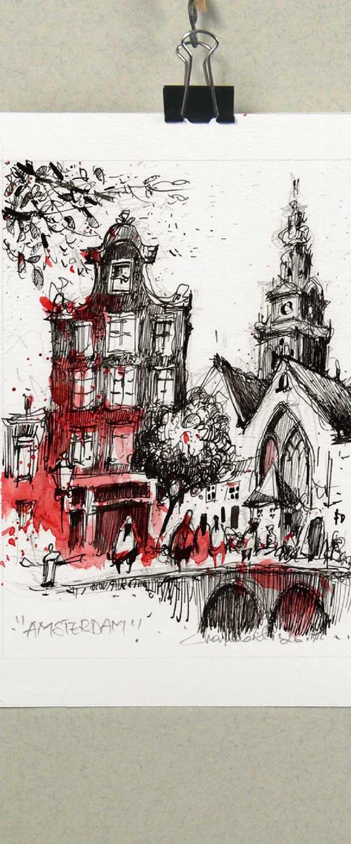 Amsterdam street scene drawing. by Marin Victor