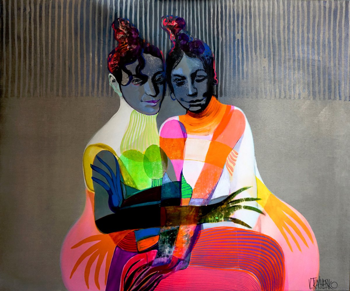 Organic Portrait Acrylic Painting By Victor Tkachenko, 36 X 30", Flamenco Dancers, Original Artwork