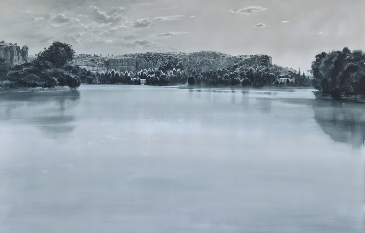 Photorealistic Landscape Oil Painting By Rafael Carrascal, 47 X 31", Laguna San Pedro, Original Artwork