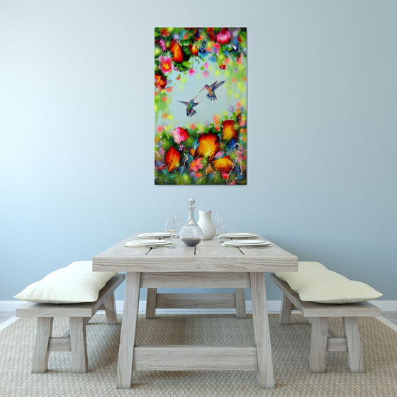 "Hummingbirds and Flowers" LARGE Abstract painting