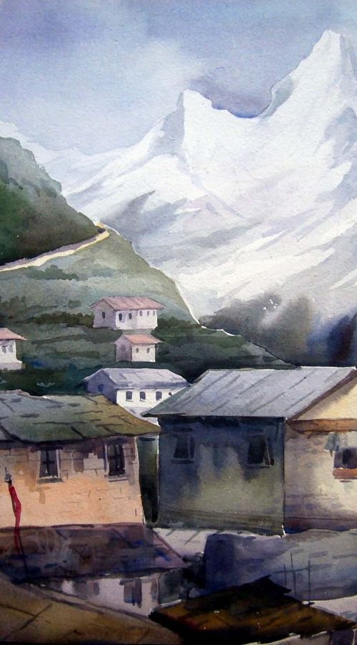 Beauty of Himalayan Peaks & Village - Watercolor painting by Samiran Sarkar