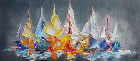 "Sea with yachts" - Oil painting, seascape,  landscape, yacht original painting, sea with yachts, modern painting, Impressionism, made by palette knife