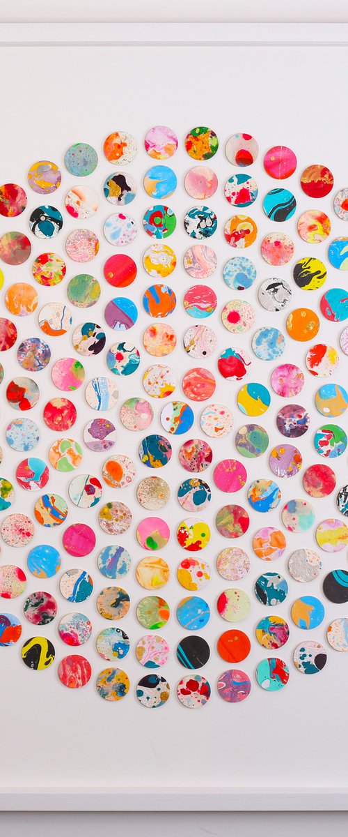 large scale original marble spot 3d collaged painting white by Amelia Coward