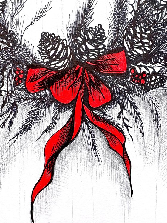 CHRISTMAS WREATH WITH A RED RIBBON