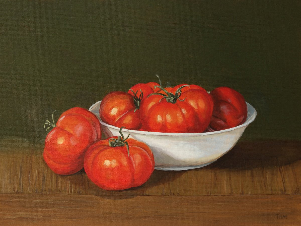 Still Life Oil Painting By Tom Clay, 16 X 12", Romanesco Tomatoes In A Bowl, Original Artwork