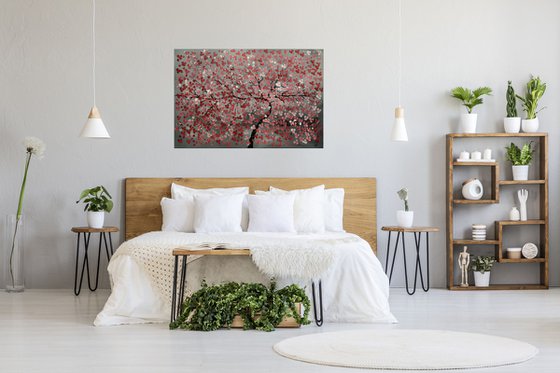 Romance acrylic abstract painting, cherry blossoms, nature painting, canvas wall art