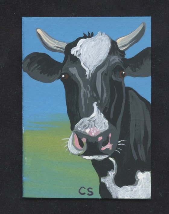 ACEO ATC Original Miniature Painting Black White Cow Farmyard Art-Carla Smale