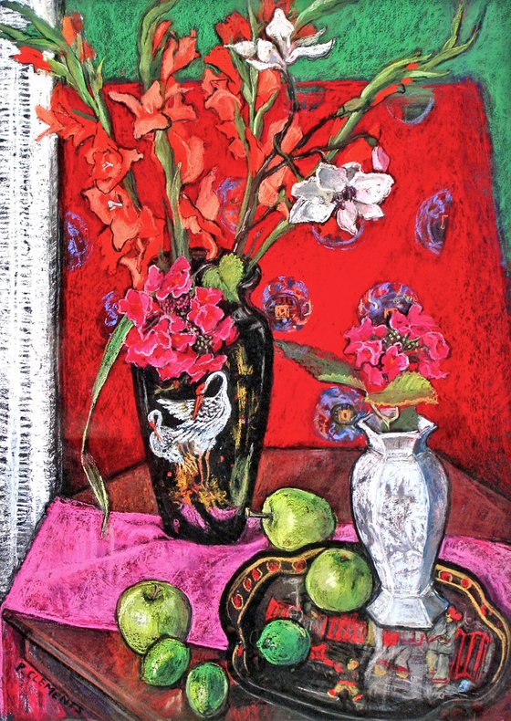 Still life with Gladioli and Green Apples