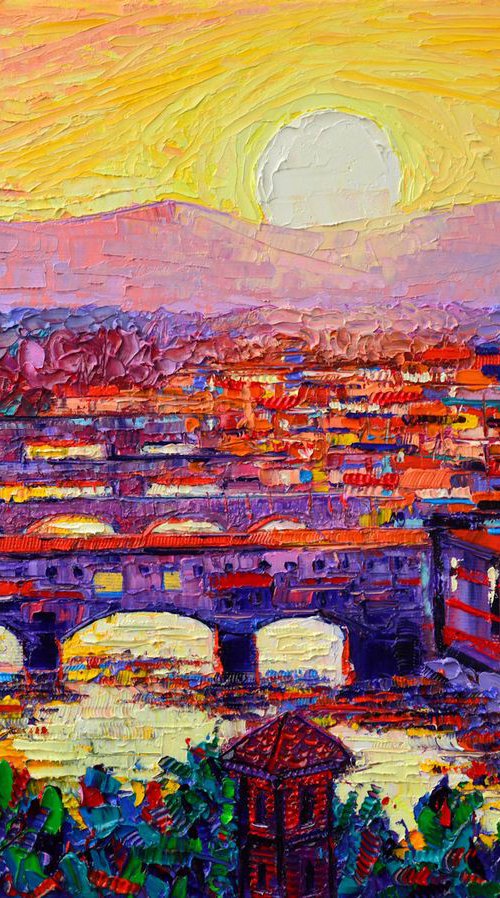 Florence sunset over Ponte Vecchio contemporary impressionism abstract cityscape impasto palette knife oil painting by ANA MARIA EDULESCU