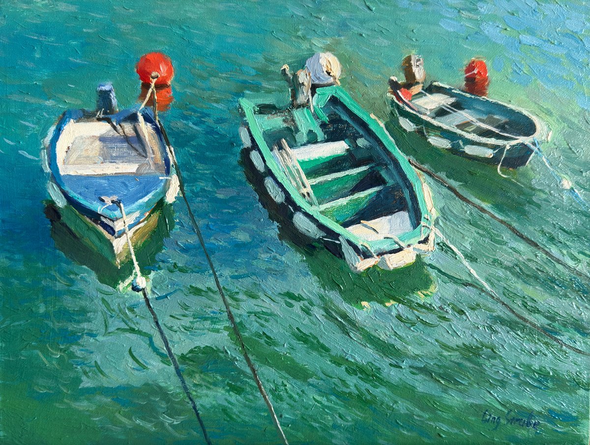 France Seascape - Three Boats At Rest By Ling Strube, 16 X 12, Artwork For Sale On Artfinder