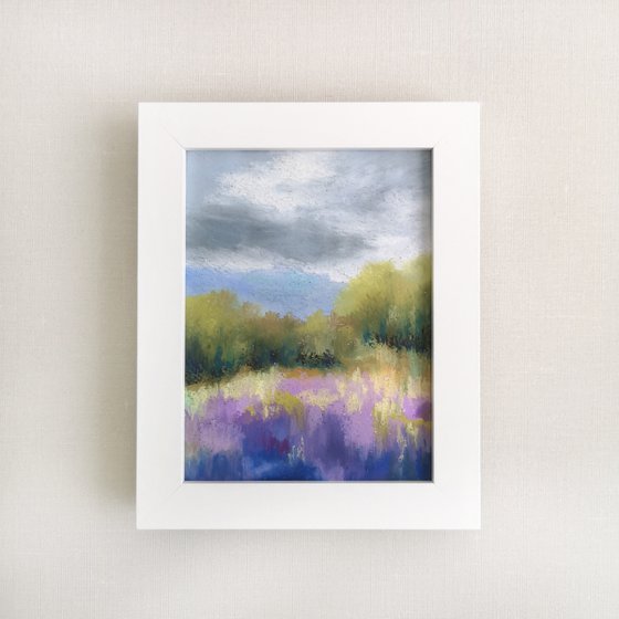 Landscape with lavender field, oil pastel painting