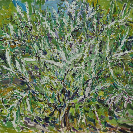 FLOWERING BUSH - Landscape, floral art, plants and trees, ecology, spring blossom, blooming bloomy bush, tree, plant,  large original oil painting