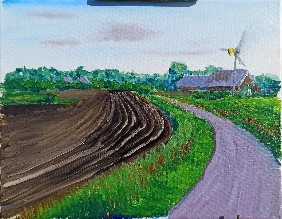 Plowed field, road and windmill . Plein Air by Dmitry Fedorov