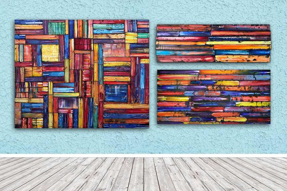 "Building A Fortress" - Original Xt Large PMS Abstract Triptych Oil Paintings On Canvas, Wooden Panels and Wooden Pieces - 108" x 48"