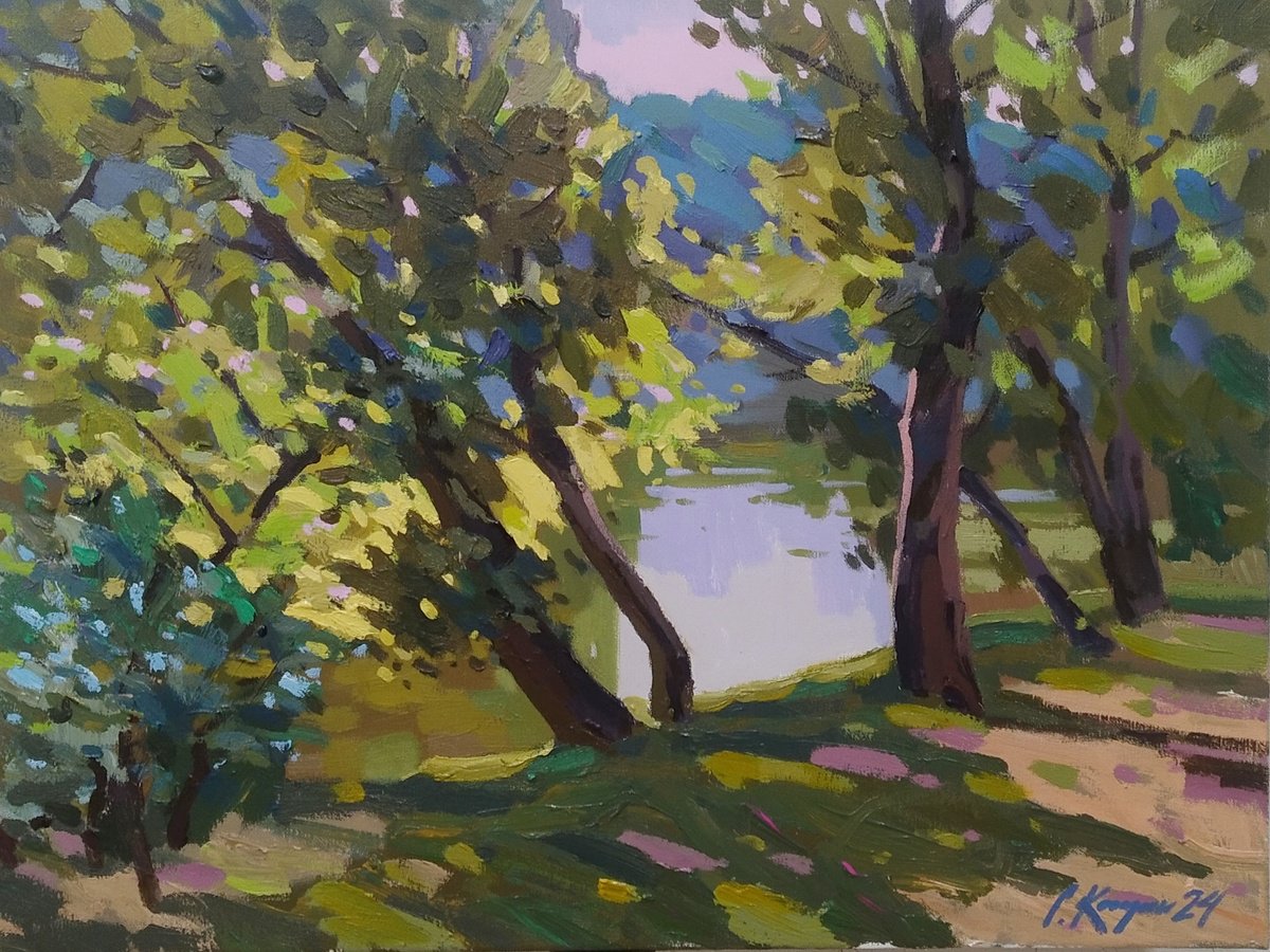 Impressionistic Landscape Acrylic Painting By Sergey Kachin, 24 X 18", Sunny Day, Original Artwork