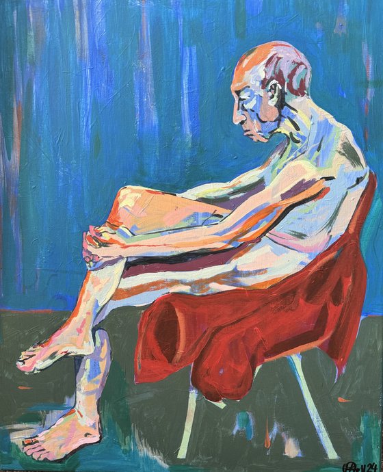 Seated older chap nude