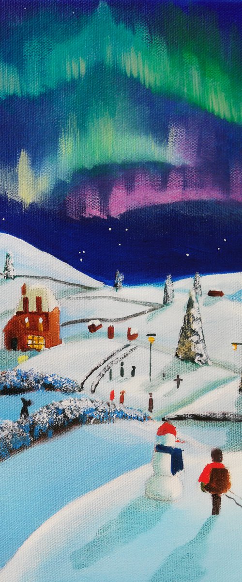 Winter village, folk art painting, oil on canvas naive art by Gordon Bruce