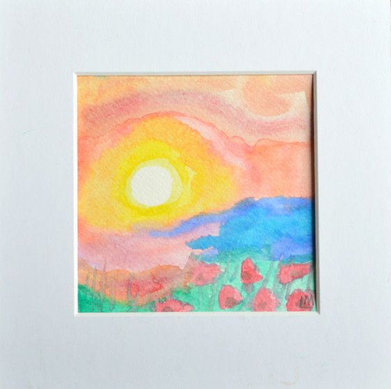 Poppies at Dawn - Mounted Watercolour, small gift idea